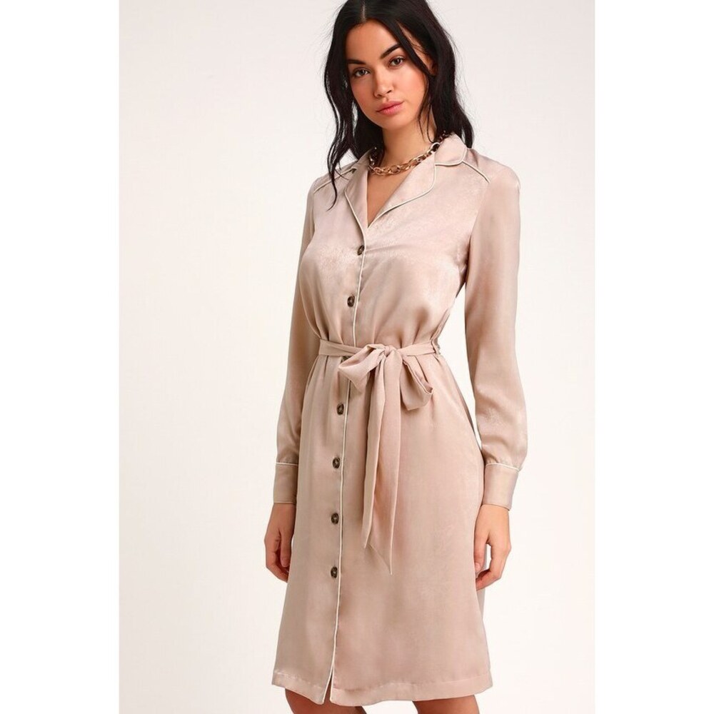 Lulus Elise Blush Satin Long Sleeve Midi Shirt Dress Pink - Size M